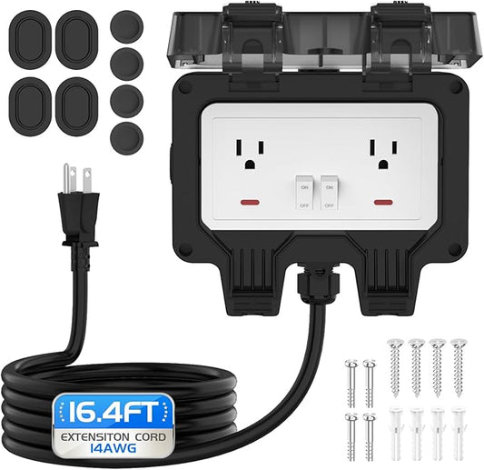 Outdoor Outlet Box with 16.4Ft Extension Cord, NEMA 5-15R, STW 14 AWG, IP66 Waterproof Power Outlet Extender with On/Off Switch & LED Indicator for Garden Yards& Outdoor Activity