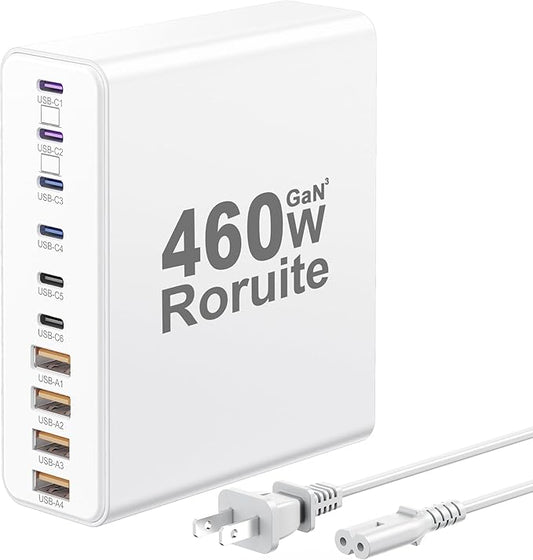 460W USB C Charger Block, 10-Port USB Charging Station GaN III PD Charger Type C & USB A, Dual 65W PC Laptop Fast Adapter for MacBook Pro/Air, iPhone, iPad, DELL, Samsung Galaxy, Android - White