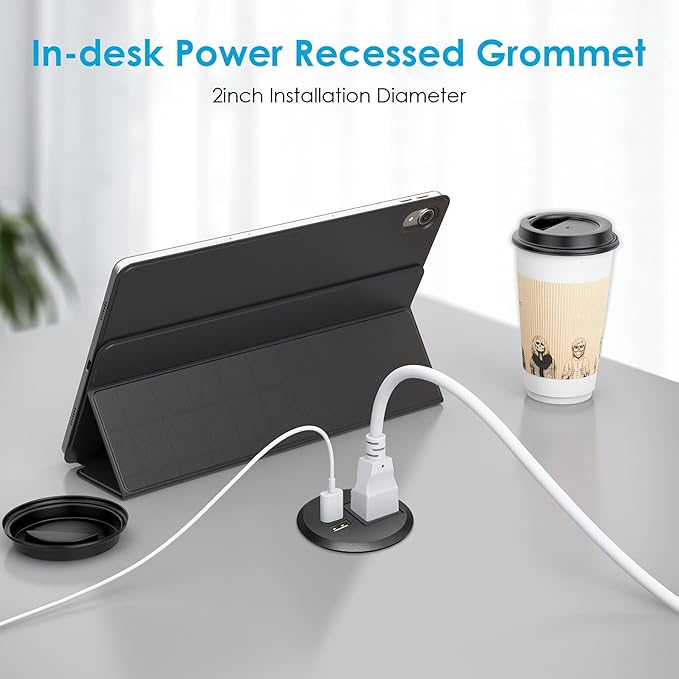 Jgstkcity Desktop Power Grommet, 2 inch, Black, 1 AC Outlet and 2 USB Ports, 6.56ft Cable, Fire Resistant Outer Shell