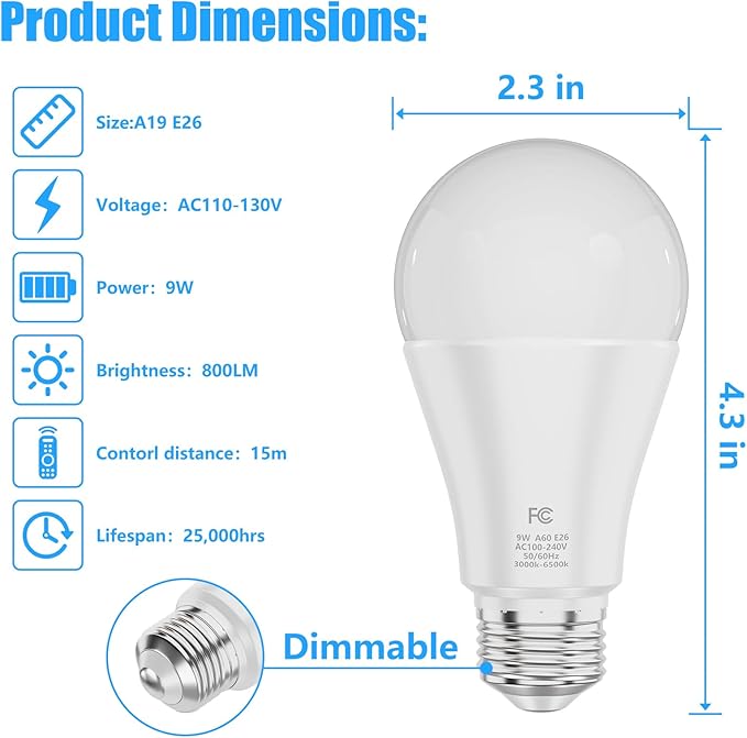 A19 Color Changing Light Bulb with Remote Control&App Control, 800LM 9W(60W Equivalent) Dimmable 3000K-6500K RGBWW,E26 Base 2.4GHz,Light Bulb for Home Decor,2Bulb&1Remote
