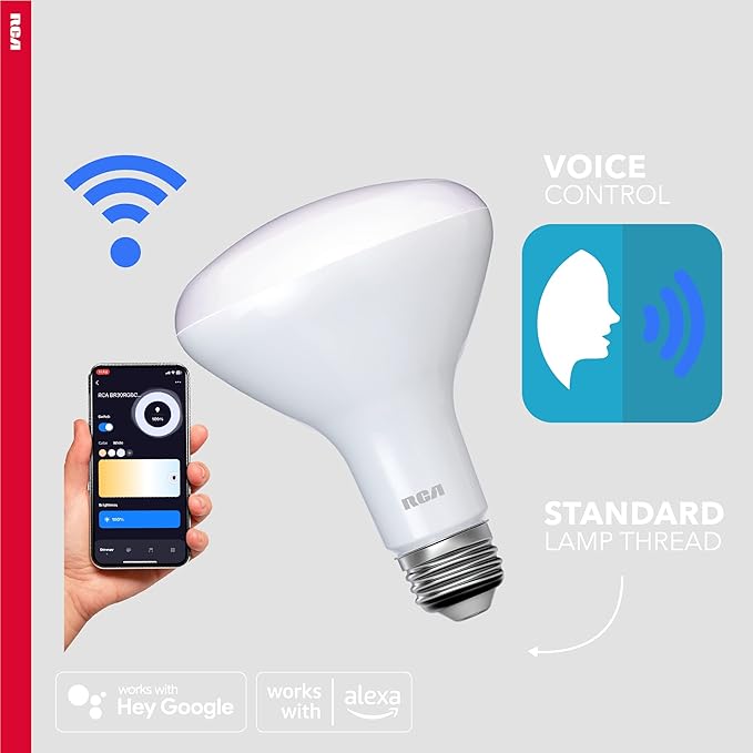 RCA Dimmable Smart Light Bulbs, BR30 WiFi LED Light Bulb, Indoor Flood LED Bulbs, 9W (60W Eq), 2700K Soft White, 720 Lumens, E26 Base, Voice Activated Lights, Google & Alexa Light Bulb, 2-Pack
