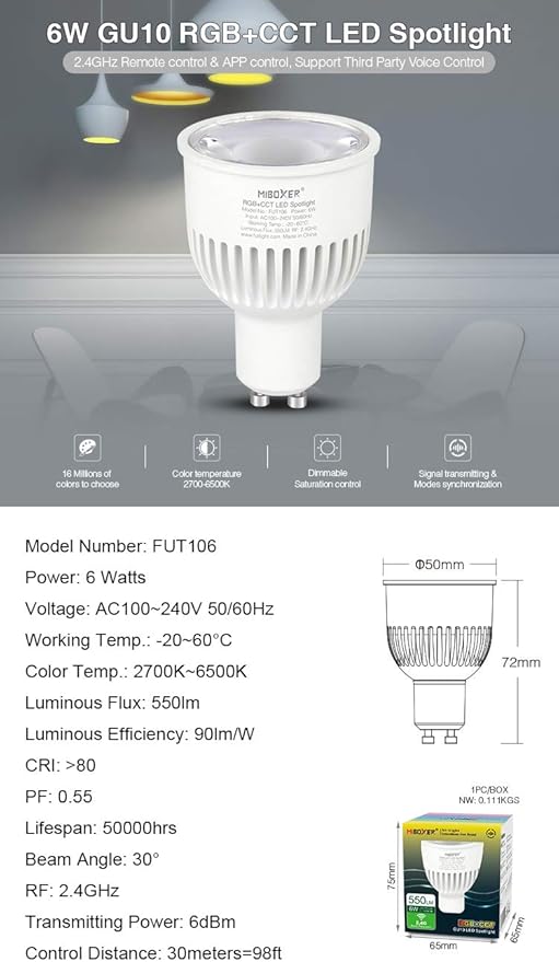 LGIDTECH FUT106 Miboxer 6W 2.4GHz WiFi Led Spotlight Bulb GU10 AC 100-240V RGB+CCT Color Changing,Temperature Adjustable,Memory Funtcion.Smartphone APP Can't Control Directly