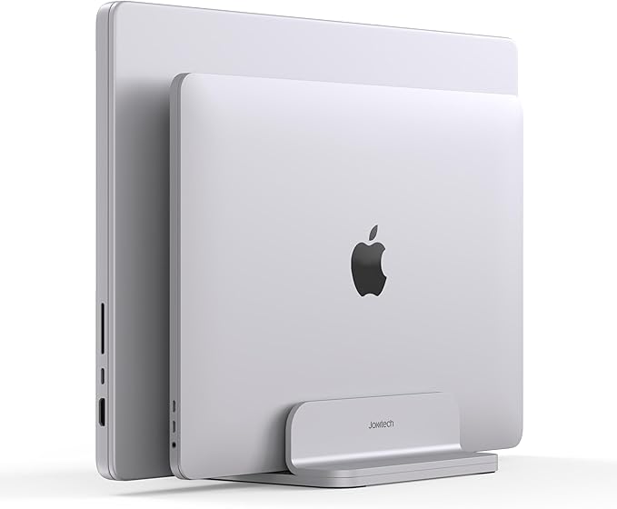 Double Aluminum Laptop Vertical Stand Organizer, Sturdy Notebook Computer Holder Stand Compatible with New Liquid Retina XDR Apple MacBook Air/Pro, Mac mini, Apple TV and iPad Pro - Silver