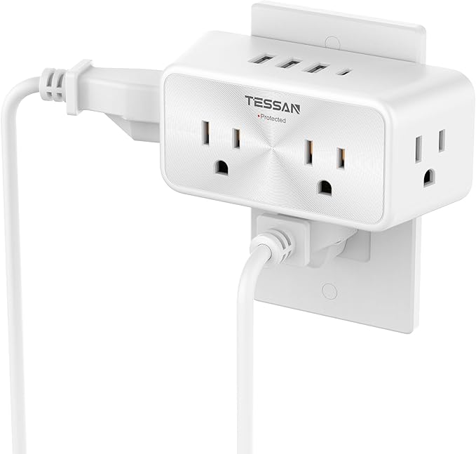 Multi Plug Outlet Extender, TESSAN Wall Surge Protector with 4 Electrical 3 Prong Outlet Splitter 4 USB Charging Blocks Adapter(1 USB C), 3 Way Multiple Plug Expander for Home Bathroom Essentials