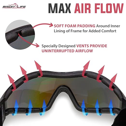 BISON LIFE Mirage Vented Safety Goggles with Adjustable Elastic Band & Protective Pouch, UV Protection Eye Goggles for Outdoor Activities, Blue Mirror, Dustproof Glasses for Men & Women (1 Pack)