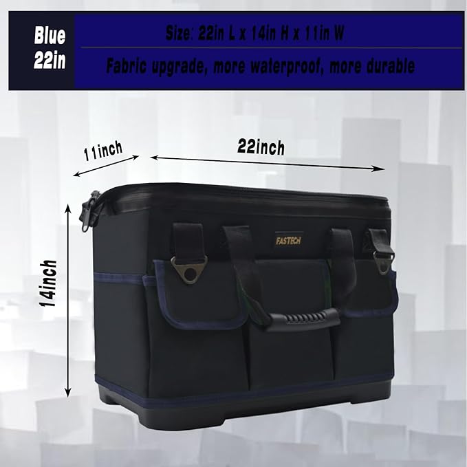 22 Inch Tool Bag, Waterproof Wide Mouth Tool Kit, Heavy Duty Tool Bag Organizer With Shoulder Straps and Molded Base, Tool Storage Package For Screwdrivers, Pliers, Nut Drivers (DarkBlue22IN)