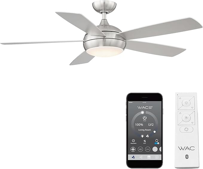 WAC Smart Fans Odyssey Indoor and Outdoor 5-Blade Ceiling Fan 54in Brushed Nickel with 3000K LED Light Kit and Remote Control works with Alexa and iOS or Android App