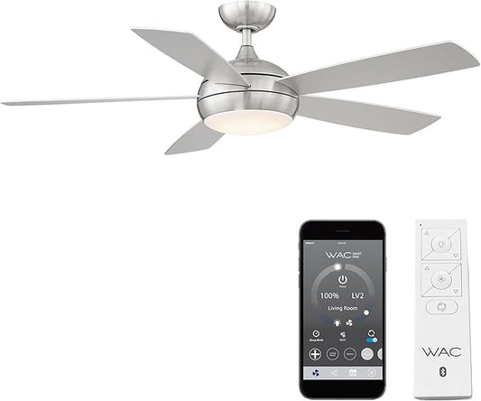WAC Smart Fans Odyssey Indoor and Outdoor 5-Blade Ceiling Fan 54in Brushed Nickel with 3000K LED Light Kit and Remote Control works with Alexa and iOS or Android App