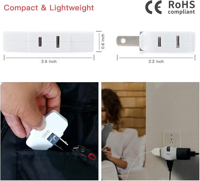 SYCON Outlet Wall Adapter, 2-Prong Swivel Ungrounded Indoor AC Mini Plug Wall Tap-White (3 Way-2 Pack)