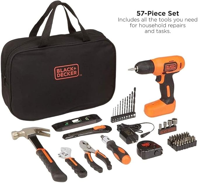 BLACK+DECKER 8V MAX 57-Piece Cordless Drill and Household Tool Kit for Home with Tool Storage Bag (BDCD8PK)