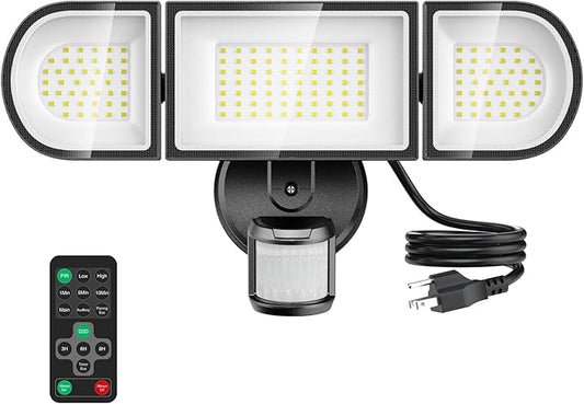 130W Motion Sensor Light Outdoor Plug in, 13000LM LED Security Lights with Remote Control, 3 Adjustable Heads, 3 Modes, Plug in Flood Lights Outodoor IP65 Waterproof for Garage Yard (Black)