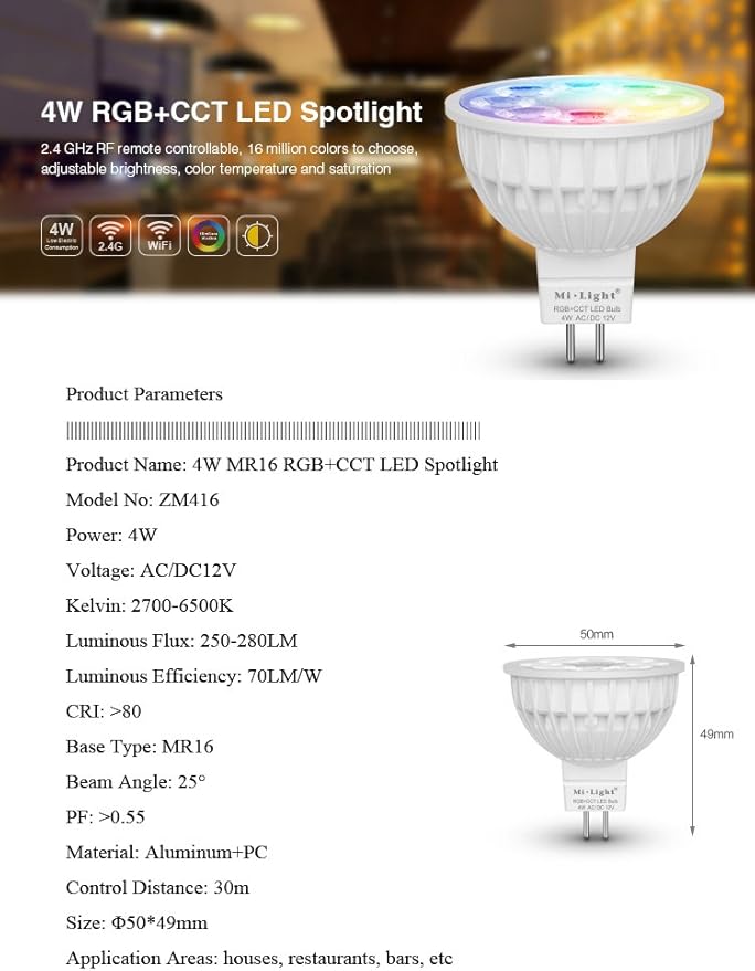 LGIDTECH FUT104 Miboxer 4W MR16 Led 2.4GHz Bulb Spotlight GU5.3 Socket AC/DC 12V RGB+CCT Color and Temperature Changeable Dimmable,But Single Bulb Wouldn't Work.Controller and Hub is Sold Separately