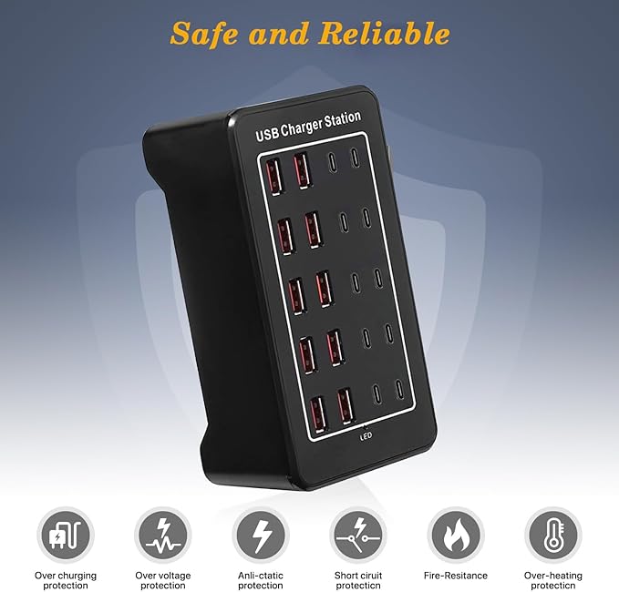 USB C Charger Block 100W USB C Charging Station, 20Port (20A) Multiple Charging Hub Desktop 10 Port USB Charger Compatible for Apple iPhone, iPad, Samsung, Pixel, Cell Phone, Tablets, Office Home Use