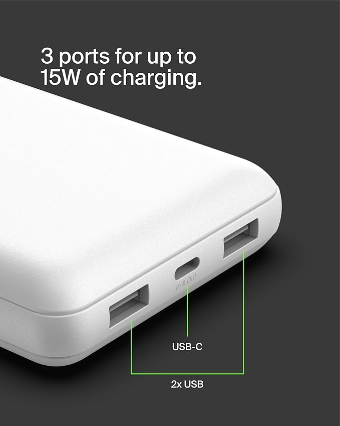 Belkin Portable Charger, USB C Power Bank 20000 mAh w/ 1xUSB-C Port & 2xUSB-A Ports, 15W w/Type-C to Type-A Cable - iPhone 17, Samsung Galaxy S25, Nintendo Switch 2, Google Pixel 10, etc. - White
