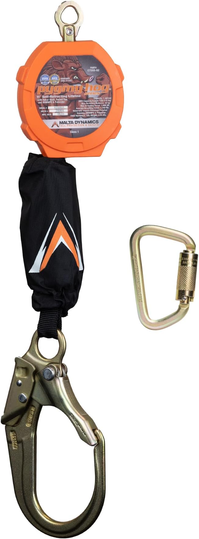 Malta Dynamics Pygmy Hog 11-Foot Self-Retracting Lifeline (SRL) – OSHA & ANSI Compliant Fall Protection Retractable Lanyard with Rebar Hook – Class 1-P, Lightweight, Durable, 310 Pound Capacity