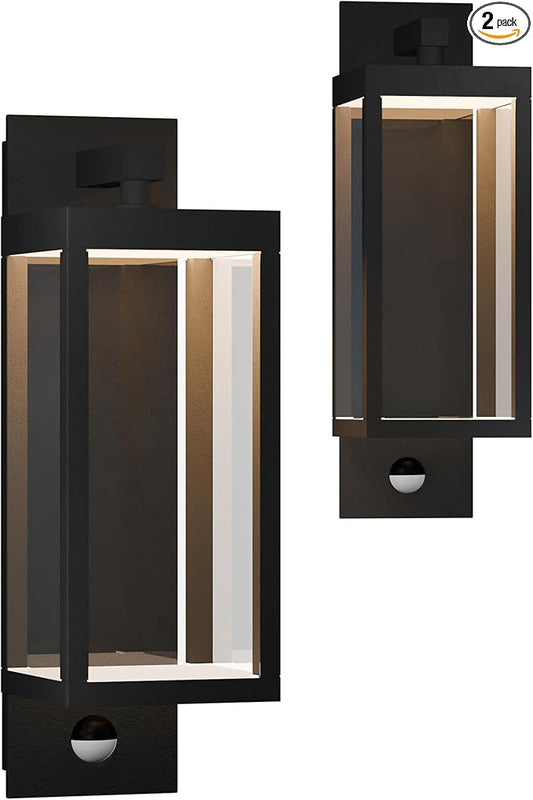 2 Pack PIR Motion Sensor Outdoor Lights, LED Integrated Porch 750 Lumen Outside Wall Light with Clear Glass, Modern Exterior Fixture, 3000K Sconce for House Patio Garage Yard Front Door Dark Grey