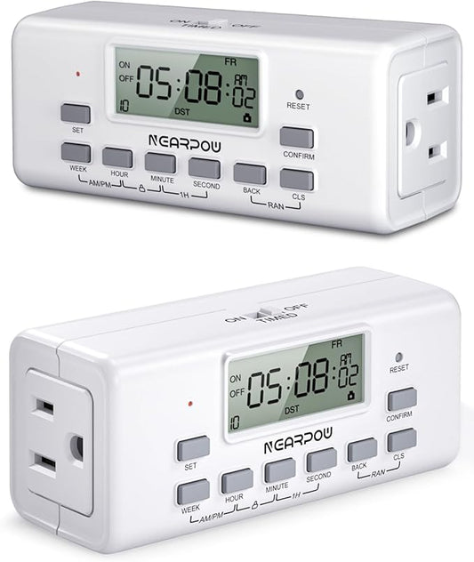 [2 Pack] NEARPOW Digital Timer For Lamp With Dual Outlets, Programmable Timer In Door, Outlet Timer For Lights,10 On/Off Programs, 24-Hour And 7-Day Programmable Electric Plug Timer,3 Prong, 15A/1875W