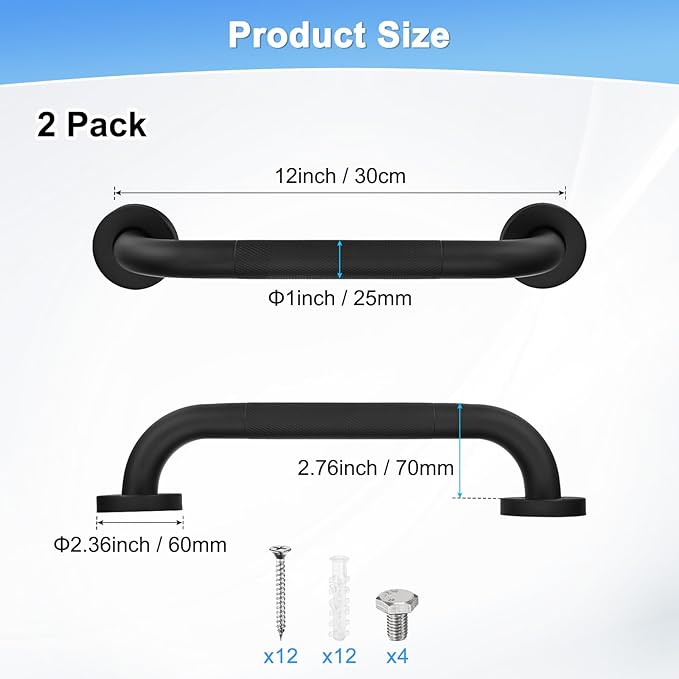 2-Pack 12 Inch Anti Slip Grab Bars for Bathtubs and Showers, Stainless Steel Safety Shower Handle for Bathroom/Toilet/Seniors/Elderly Assist Bath Handle [Black]