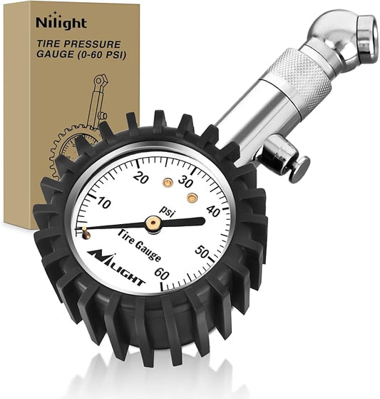 Nilight Tire Pressure Gauge 60PSI Heavy Duty Stainless Steel Air Chucks ANSI B40.1 Certified Large 2" Dial Wheel Service Checker for Truck Semi Truck ATV Motorhome Cars & RV Accessories