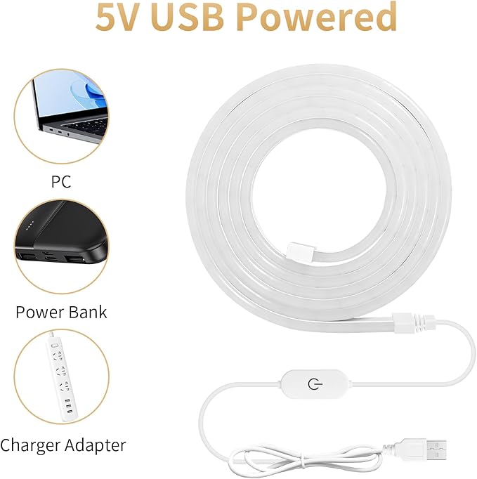 iNextStation USB LED Neon Lights Strip Warm White, 6.6ft 5V Neon Rope Lights Waterproof Flexible Dimmable LED Neon Tape Lights for TV Backlight, Bedroom, Cabinet, Kitchen, DIY Lighting