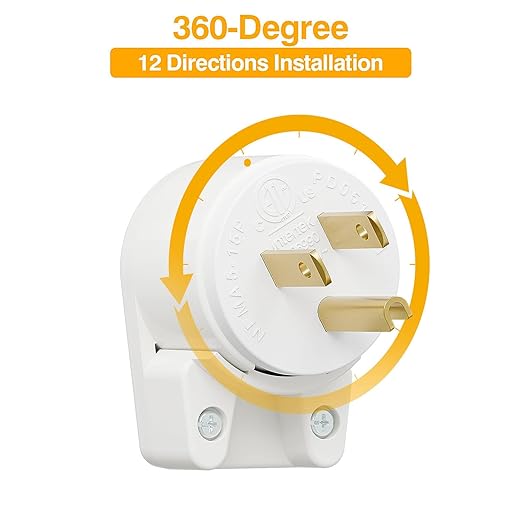 12-Direction Adjustable Nema 5-15P Right Angle Plug - 15A, 125V, White, ETL Verified