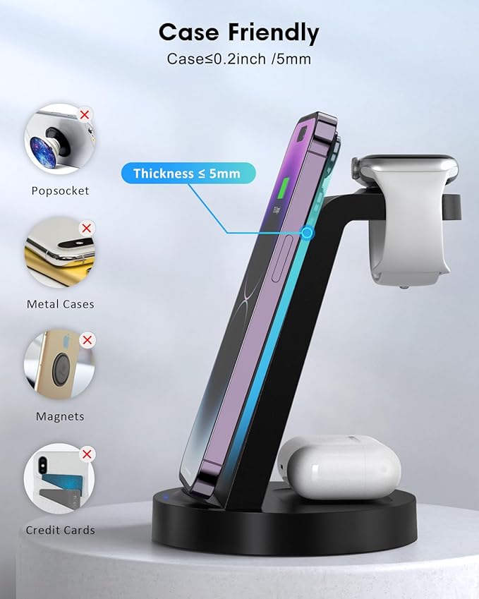3 in 1 Charging Station for Apple Device, Wireless Charger for iPhone 16e 16 15 14 13 12 11 Pro Max & Apple Watch iwatch- Charging Stand Dock for AirPods