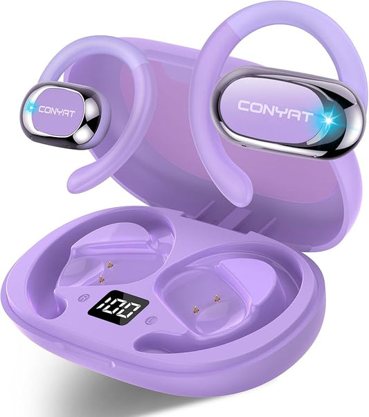Open Ear Headphones, Wireless Bluetooth 5.4 Earbuds with Big Earhooks, Ultra-Comfort Open Ear Earbuds, 58 Hours HD Stereo Sound Over Ear Earphones, IP7 Waterproof Headset for Workouts, Purple