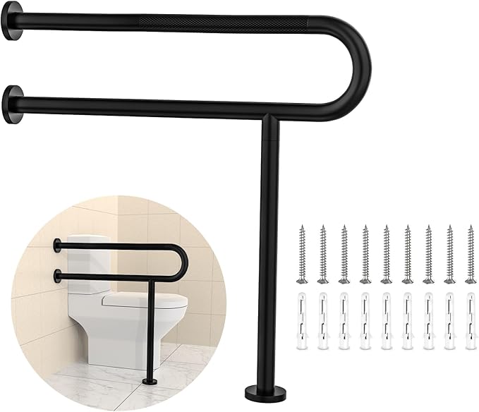 Toilet Grab Bar 31.3 Inch with Leg, YuanDe Matte Black Wall Mounted Safety Bar, Stainless Steel Anti-Slip Bathroom Support Rail for Elderly Disabled Pregnant