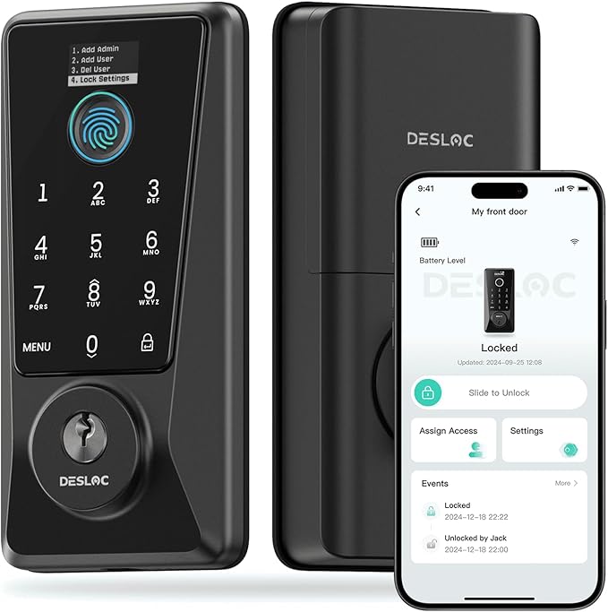 DESLOC Smart Lock D110 Plus, Fingerprint Keyless Entry Door Lock, Built-in Wi-Fi, App Remote Control, Smart Locks for Front Door, Keypad Deadbolt with LockVue Display, IP54, BHMA Grade 3, Black