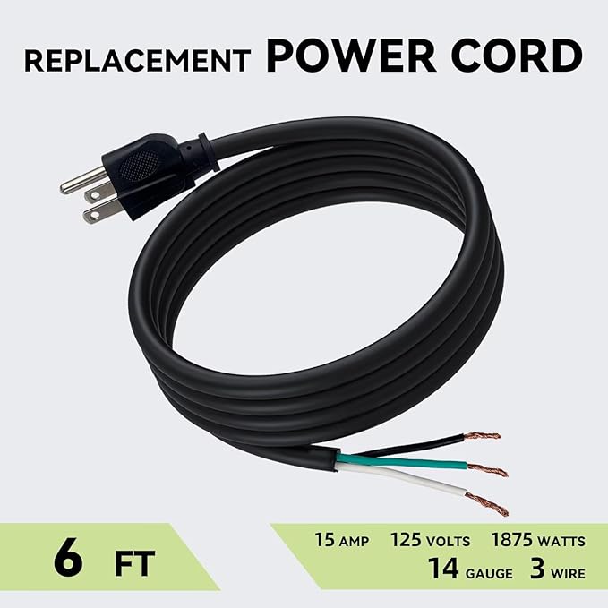 2 Pack 6 ft 14/3C SJTW Appliance and Power Tool Cord, 14 Gauge 3 Prong Heavy Duty Replacement Power Supply Cord Cable, 110V 115V 120V AC Pigtail, 15A, 1875w
