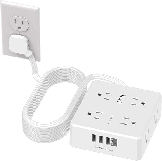 20 Ft Flat Extension Cord, Tcstei Ultra-Thin Flat Plug Surge Protector Power Strip, 3-Sided Outlet Extender, 8 AC Outlets and 4 USB Ports(1 USB C) for Home, Office, Dorm Room Essentials, ETL, White