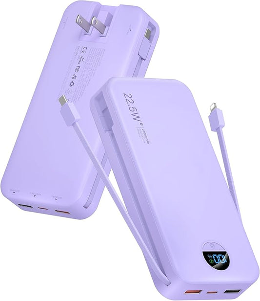 Portable Charger, 20000mAh 22.5W USB C Fast Charging Power Bank with Built-in Cables & Wall Plug, External Battery Pack with LED Display, Travel Essentials Compatible with iPhone, iPad, Samsung Purple