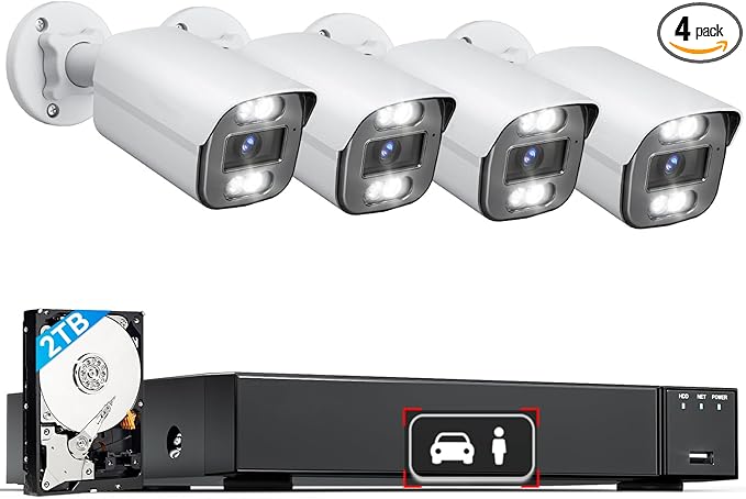 LongPlus Security Camera System, 4K Cameras 8 Channel Wired Cameras for Home Security Camera Outdoor 2TB NVR,4pcs Wired PoE Cameras System with AI Detection, LP8MC84B2