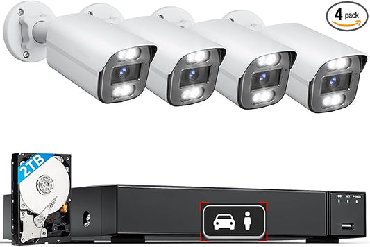 LongPlus Security Camera System, 4K Cameras 8 Channel Wired Cameras for Home Security Camera Outdoor 2TB NVR,4pcs Wired PoE Cameras System with AI Detection, LP8MC84B2