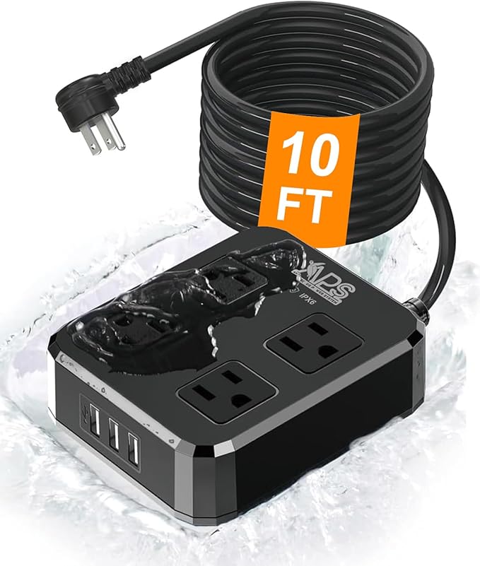 Outdoor Power Strip Weatherproof, Waterproof Surge Protector with 4 Wide Outlet with 3 USB Ports, 10FT Extension Cord,1875W Overload Protection,Outlet Extender for Christmas Lights ETL Listed Black