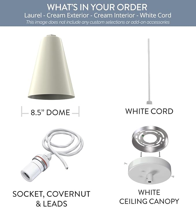 Steel Lighting Co. Laurel Pendant Light | Ceiling Mounted | 8.5 inch Cone Shade | Modern Contemporary Farmhouse Style Made in America | White Cord | Cream Exterior/Cream Interior