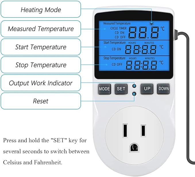 Backlit Digital Temperature Controller, LCD Screen Heating Cooling Thermostat Outlet Socket with Sensor Timer Regulator for Reptile Incubator Greenhouse Brewing Refrigerator, 120V, 15A, ℉/℃