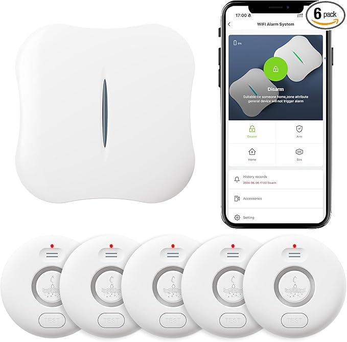 WiFi Water Leak Detectors 5 Pack, 120dB Adjustable Loud Water Leak Sensor, Wireless Wi-Fi Water Leak & Drip Alarm, App Alerts, 5 Water Alarm Sensors & 1 Hub for Home Kitchen, Bathroom, Sink, Laundry
