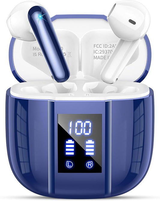 Wireless Earbuds, Bluetooth 5.4 Headphones, 48H, Stereo Ear Buds, LED Display Earphones with Mic, IP7 Waterproof In EarBud, Comfort Fit, Bluetooth Earbuds for Phone Android iOS, Sport, Walk, Blue