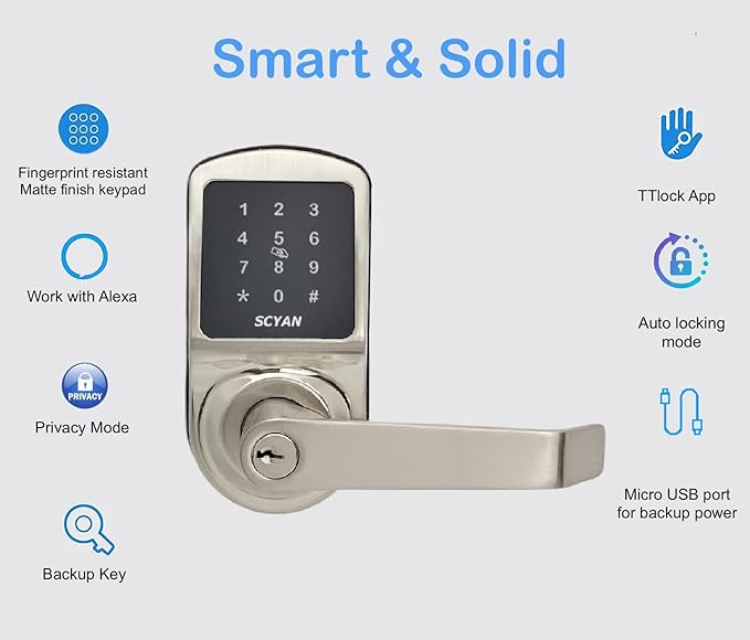 Smart Door Lock, Keyless Entry Door Lock, SCYAN X2 Handle Lock with Touchscreen Keypad Access, Auto Locking, for Home, Airbnb Rental House, Satin Nickel