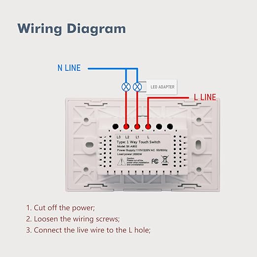 Light Switch No Neutral Wire,Single Live Wire Light Switch No WiFi,Tempered Glass Panel,Total Power Maximum 1000W,FCC Certification,White 2 Gang