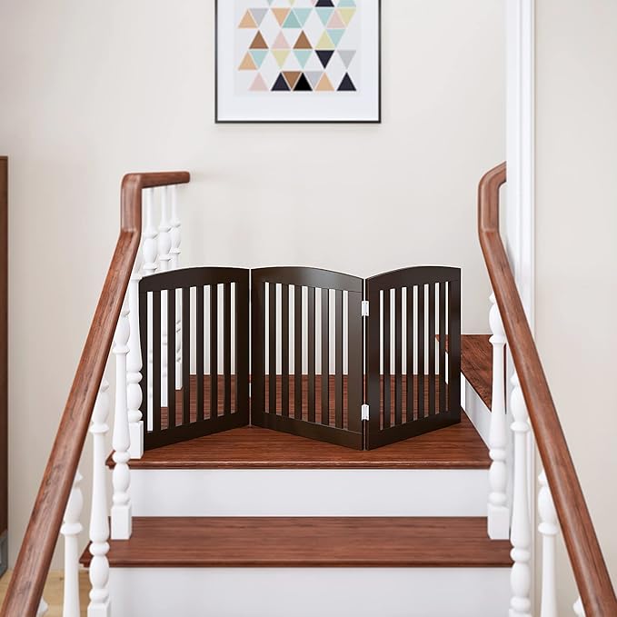 PAWLAND Wooden Freestanding Foldable Pet Gate for Dogs, 24 inch 3 Panels Step Over Fence, Dog Gate for The House, Doorway, Stairs, Extra Wide (Espresso, 24" Height-3 Panels)