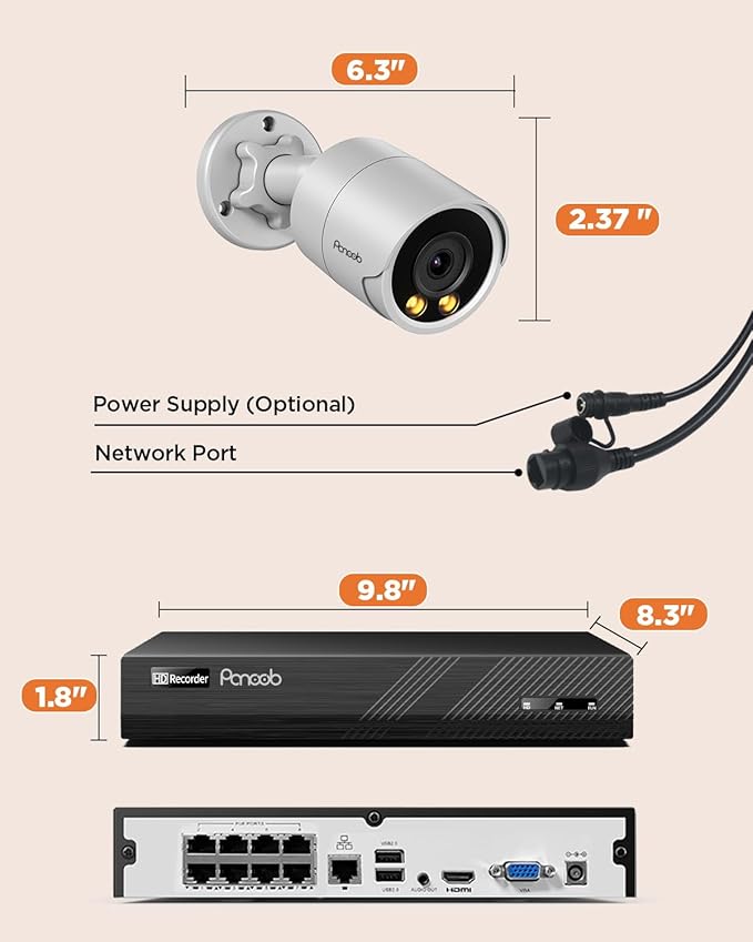 PoE Security Camera System 4K, 8X 8MP Wired Bullet IP PoE Cameras Outdoor Built-in Microphone, AI Human Vehicle Detection, 4K/8MP 8CH NVR 2TB HDD, Smart Color Night Vision, PB38F0808-8M