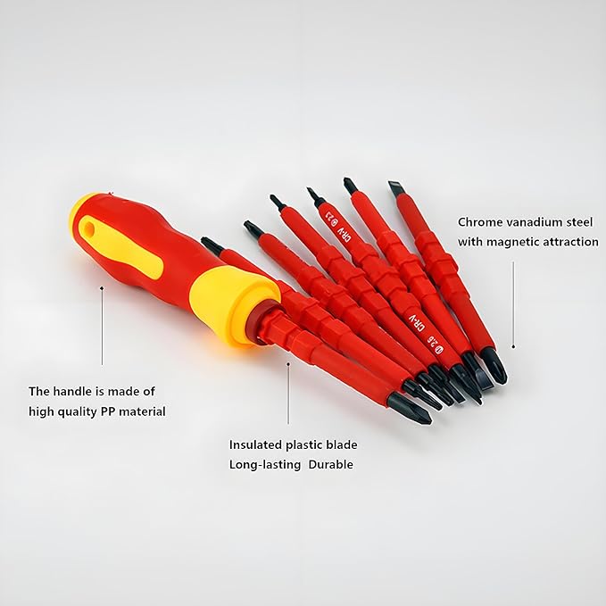 Insulated Screwdriver Set for Electricians – Ergonomic Handle, Magnetized Tips, Durable for Electrical Work, Receptacle & Outlet Screwdriver, Multi-Tool (8 in1)