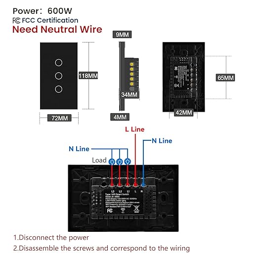 Smart Light Switch 3 Way Need Neutral Wire,FCC Certified,2.4GHz WiFi Switch Glass Panel APP Control Timer Work with Tuya/Smart Life,Alexa and Google Home,Black 3 Gang