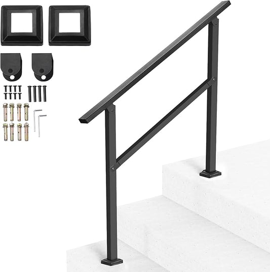 VEVOR Outdoor Handrails for Steps, 2-3 Step Stair Rail Kit, Black Square Tube with Horizontal Bar, Carbon Steel Support Rails for Seniors, Concrete & Deck Stairs, Easy Installation