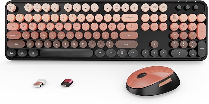 Wireless Keyboard and Mouse Combo, Full-Size Retro Typewriter Keyboard with Round Keycaps, Ergonomic Design for Windows PC, Home and Office Use -Red