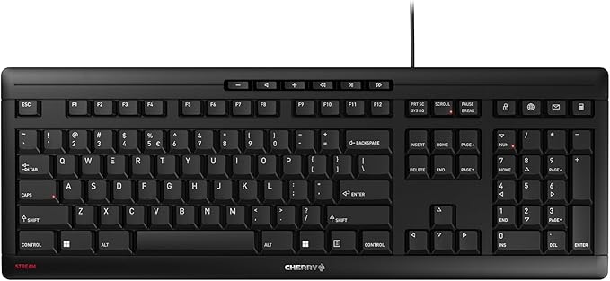 CHERRY Stream Keyboard Wired USB SX Scissors Mechanism QWERTY Whisper-Quiet Silent Keystroke for Home Office, Work or Personal Computer. Black