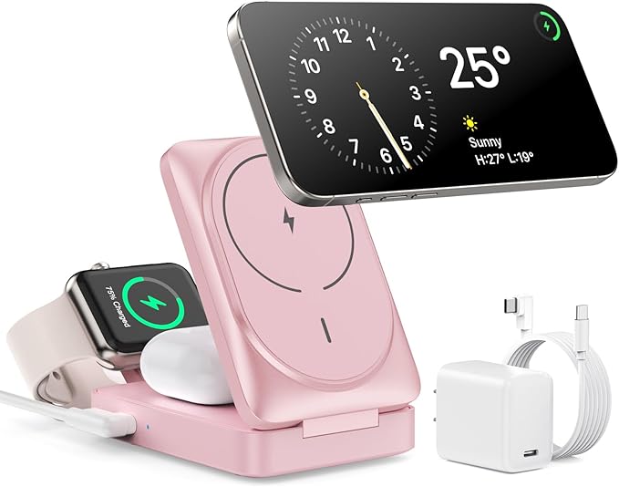 3-in-1 Wireless Charger Charging Station for iPhone, Qi2 Certified 15W Fast Charging Foldable Magnetic Charger Stand with 30W USB C Adapter for MagSafe iPhone 16/15/14/13/12, Apple Watch, AirPods