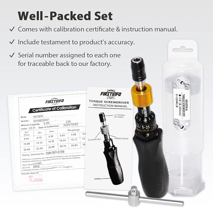 FIRSTINFO H51835 Precision Certified Torque Limited Screwdriver 5-25 in-lbs with 1/4 Inch Universal Hex Bit Holder Quick Release Design and Extra T-Handle